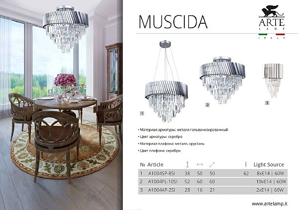 Настенное бра Arte Lamp Muscida A1004AP-2SI